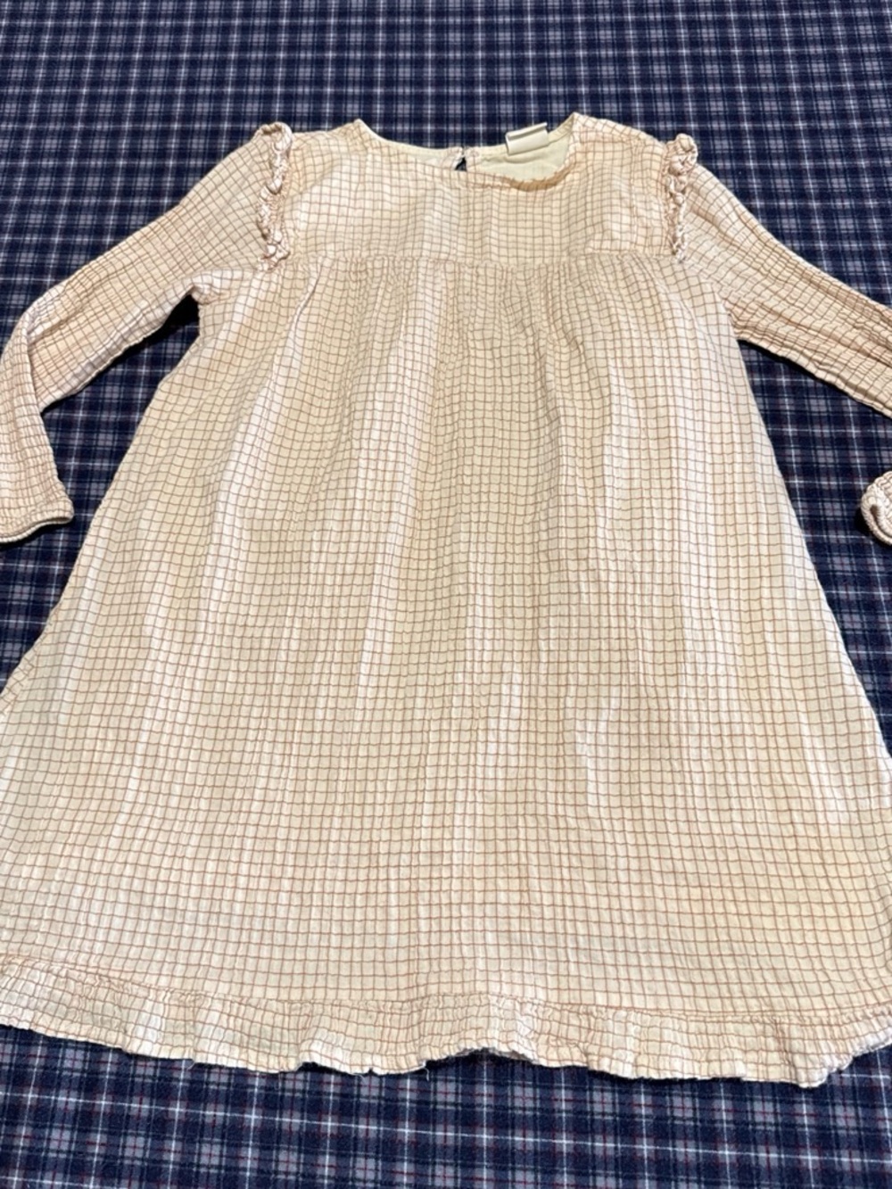 Girls' Cream Long-Sleeve Checked Casual Dress